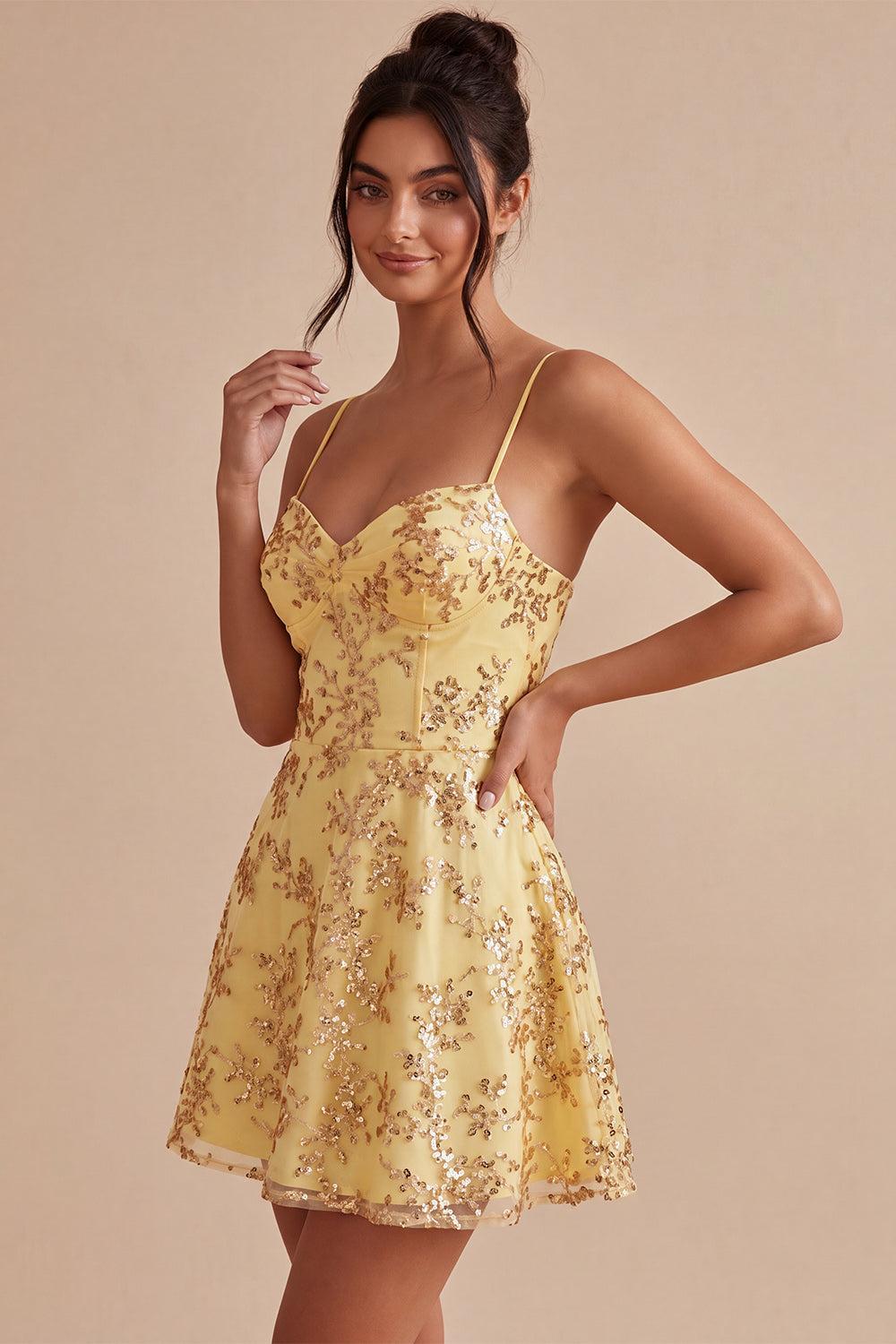 Dressystars Yellow Spaghetti Straps Sequin A-Line Short Homecoming Dress