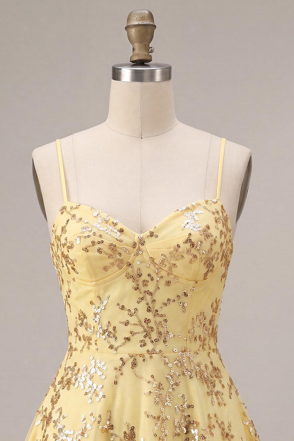 Dressystars Yellow Spaghetti Straps Sequin A-Line Short Homecoming Dress