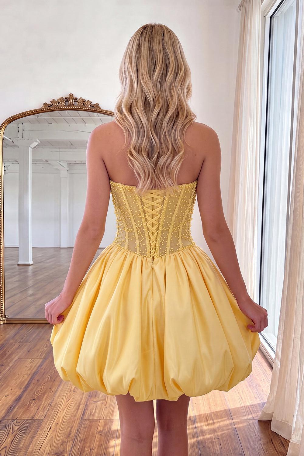 Dressystars Yellow Strapless A-Line Beaded Short Corset Homecoming Dress