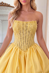 Dressystars Yellow Strapless A-Line Beaded Short Corset Homecoming Dress