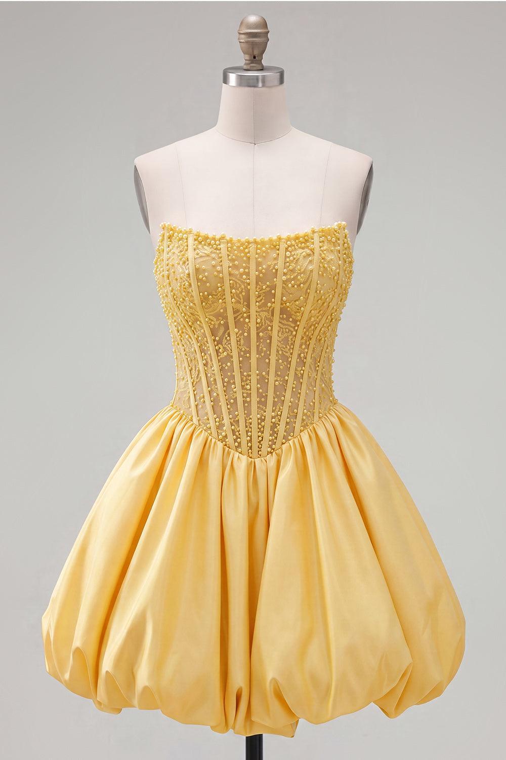 Dressystars Yellow Strapless A-Line Beaded Short Corset Homecoming Dress