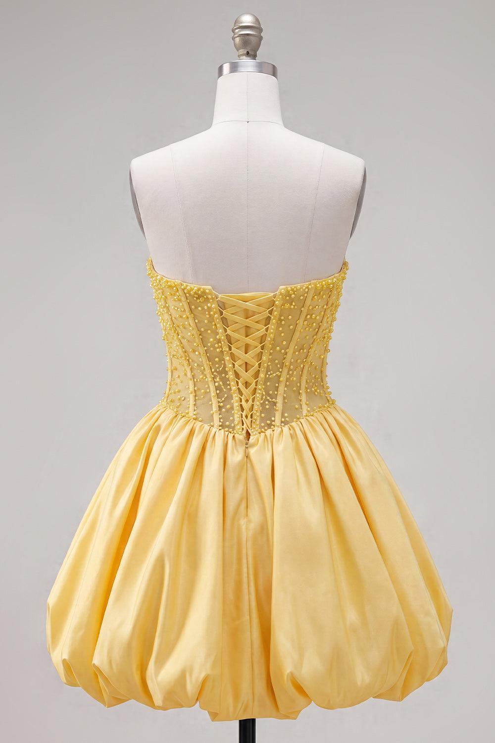 Dressystars Yellow Strapless A-Line Beaded Short Corset Homecoming Dress
