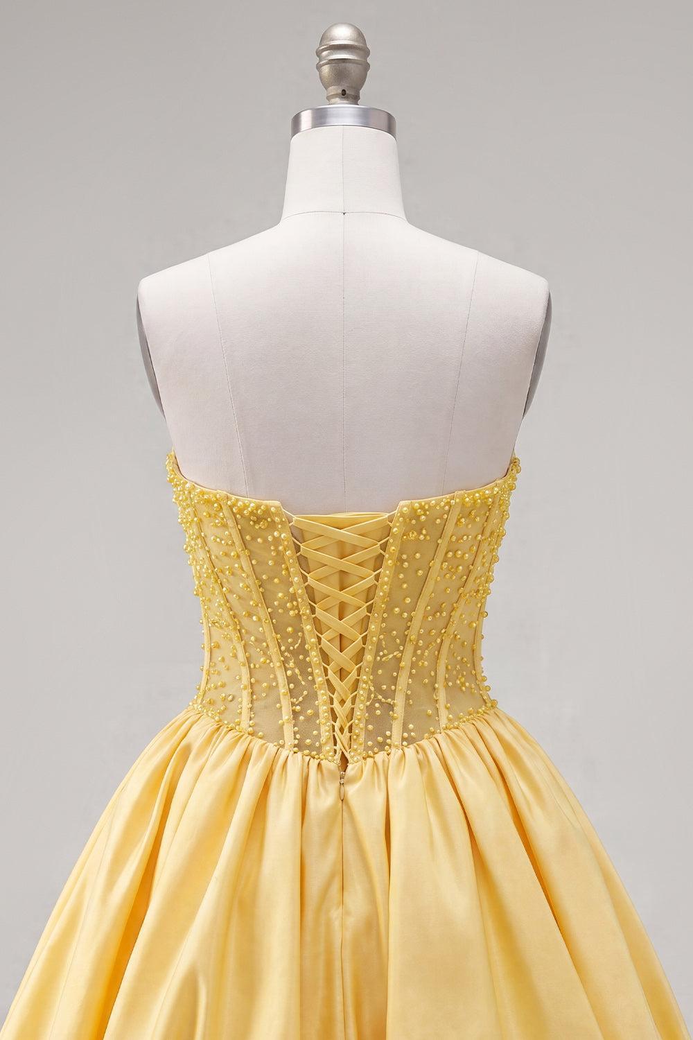 Dressystars Yellow Strapless A-Line Beaded Short Corset Homecoming Dress