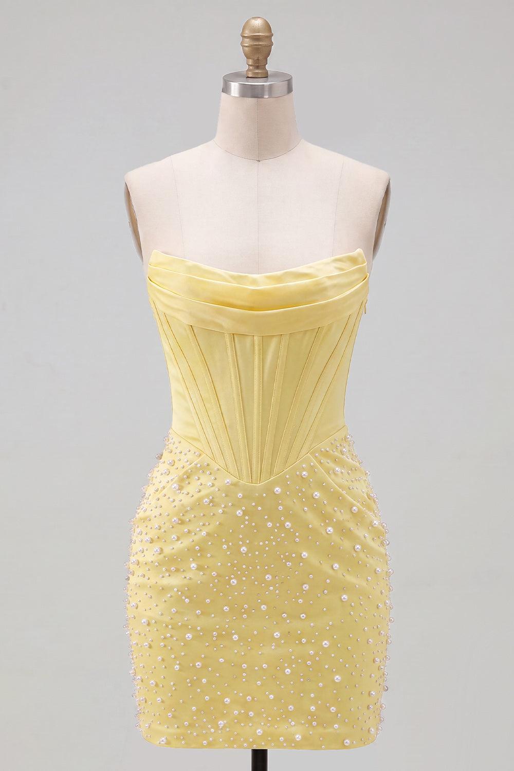 Dressystars Yellow Strapless Beaded Tight Short Corset Homecoming Dress