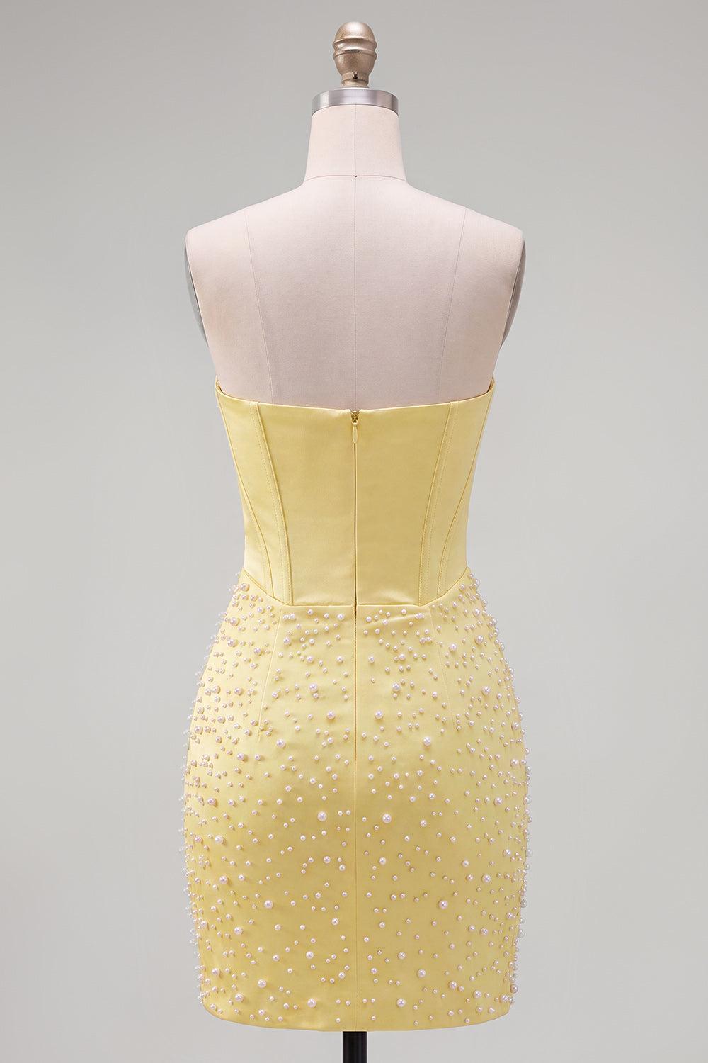 Dressystars Yellow Strapless Beaded Tight Short Corset Homecoming Dress