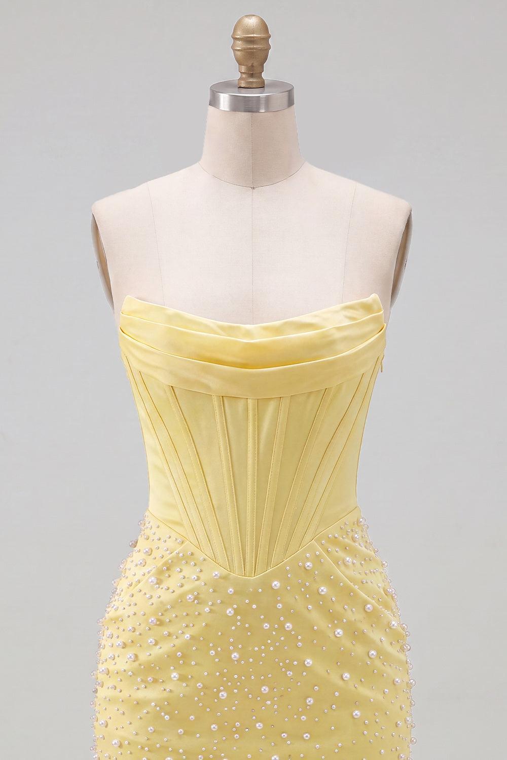 Dressystars Yellow Strapless Beaded Tight Short Corset Homecoming Dress