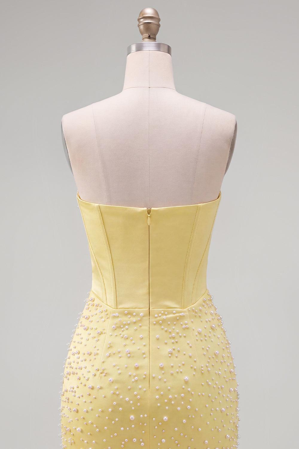 Dressystars Yellow Strapless Beaded Tight Short Corset Homecoming Dress