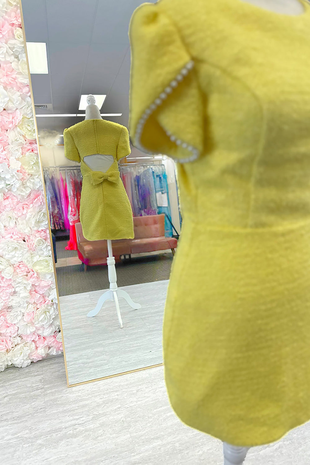 Dressystars Yellow Tight Homecoming Dresses Short Sleeves Tweed Cocktail Dresses With Pearl