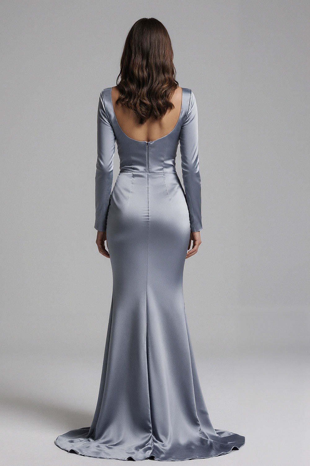 Dressystars Dusty Blue Satin Mermaid Backless Long Sleeves Prom Dress With Slit