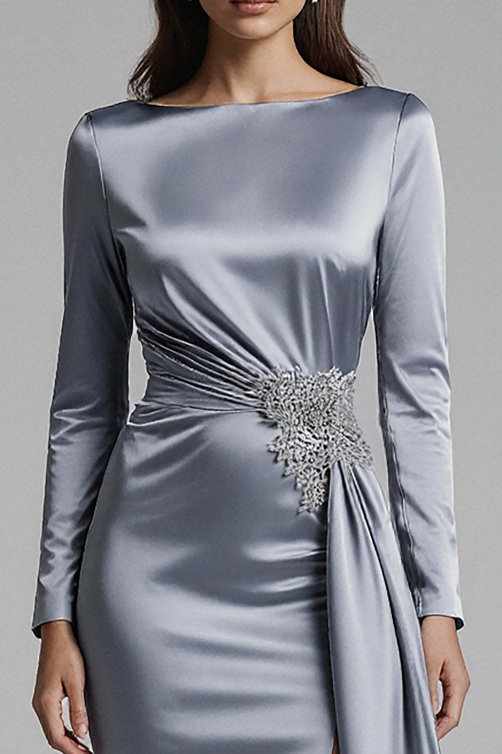 Dressystars Dusty Blue Satin Mermaid Backless Long Sleeves Prom Dress With Slit