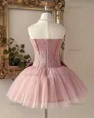 Dusty Rose Pearl Lace Corset Homecoming Dress with Triple Bow & Tulle Skirt