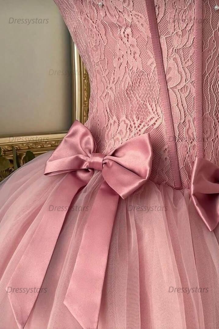 Dusty Rose Pearl Lace Corset Homecoming Dress with Triple Bow & Tulle Skirt