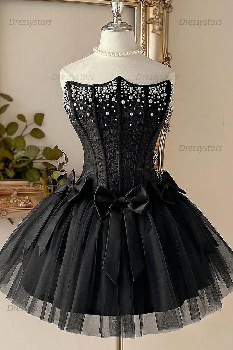 Dusty Rose Pearl Lace Corset Homecoming Dress with Triple Bow & Tulle Skirt