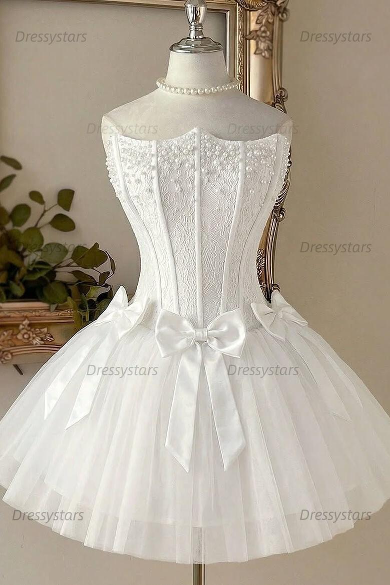 Dusty Rose Pearl Lace Corset Homecoming Dress with Triple Bow & Tulle Skirt
