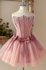 Dusty Rose Pearl Lace Corset Homecoming Dress with Triple Bow & Tulle Skirt