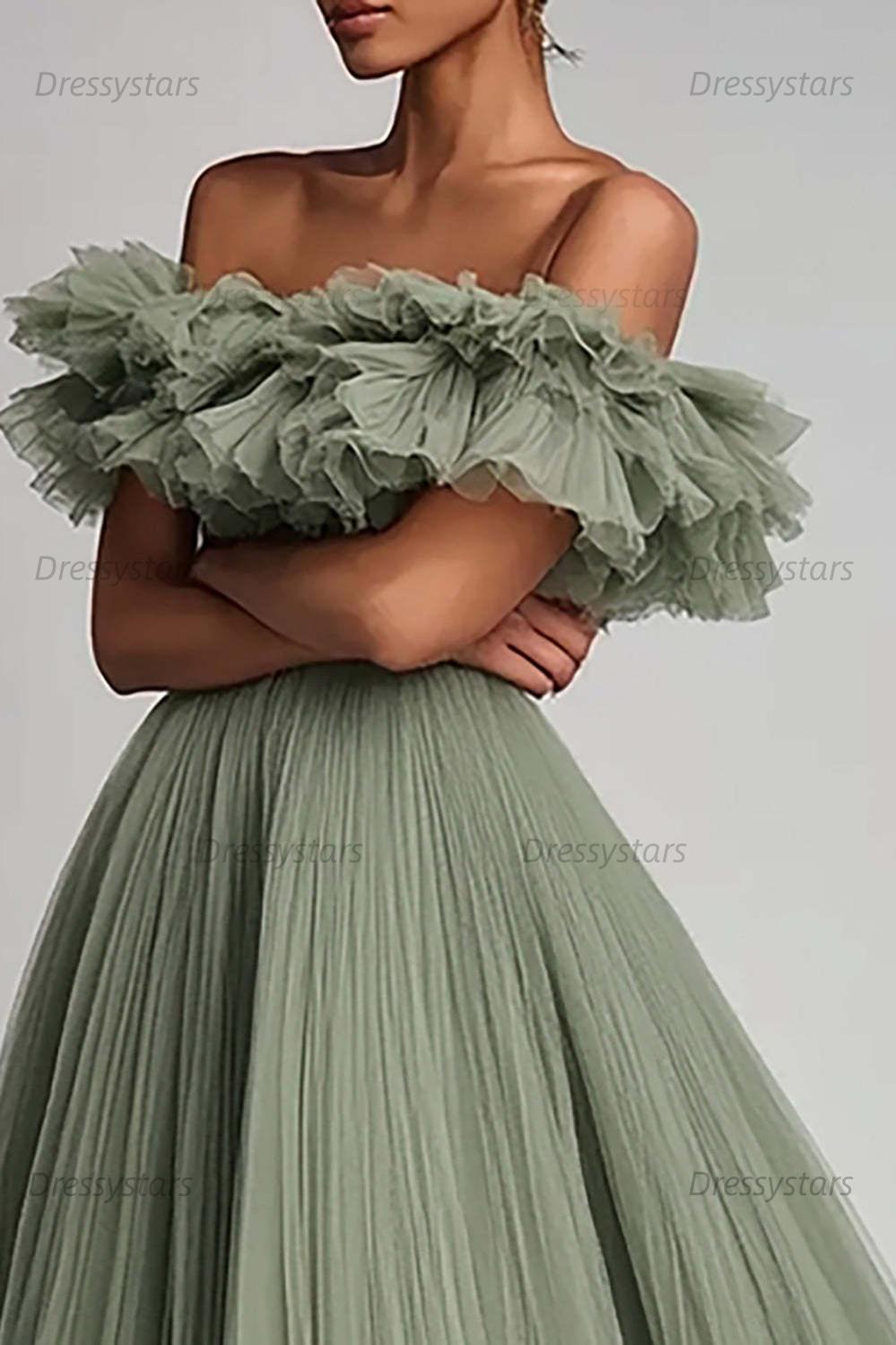 Dusty Sage Formal Dress Tulle A Line Long Wedding Guest Dress With Ruffles