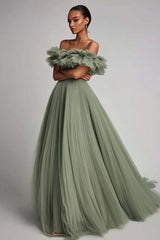Dusty Sage Formal Dress Tulle A Line Long Wedding Guest Dress With Ruffles