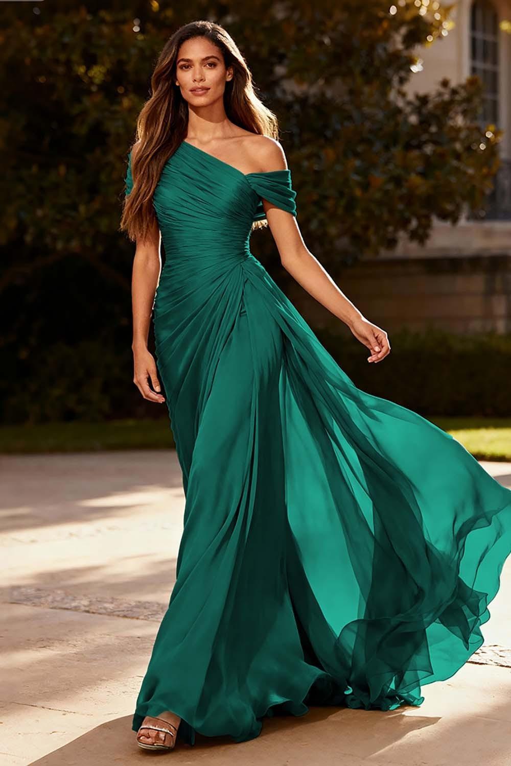 Dressystars Dusty Sage One Shoulder Chiffon Ruched Long Prom Dress With Side Cape