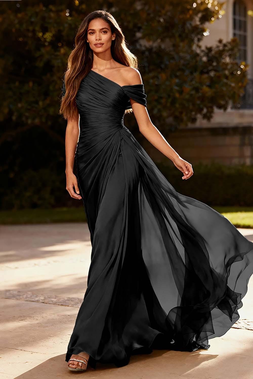 Dressystars Dusty Sage One Shoulder Chiffon Ruched Long Prom Dress With Side Cape