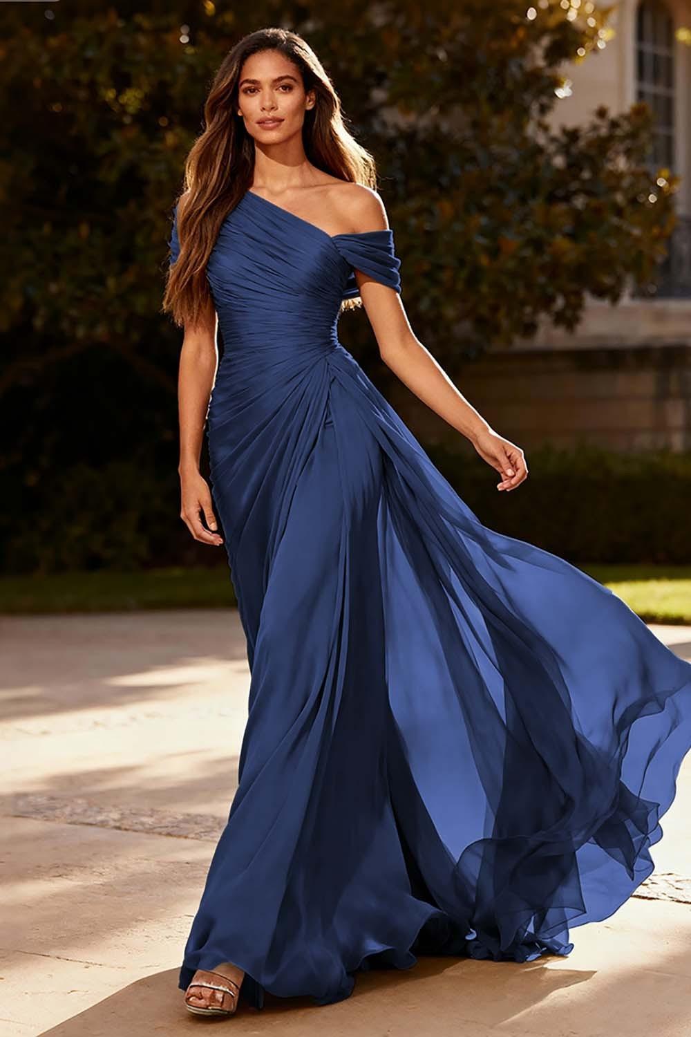 Dressystars Dusty Sage One Shoulder Chiffon Ruched Long Prom Dress With Side Cape