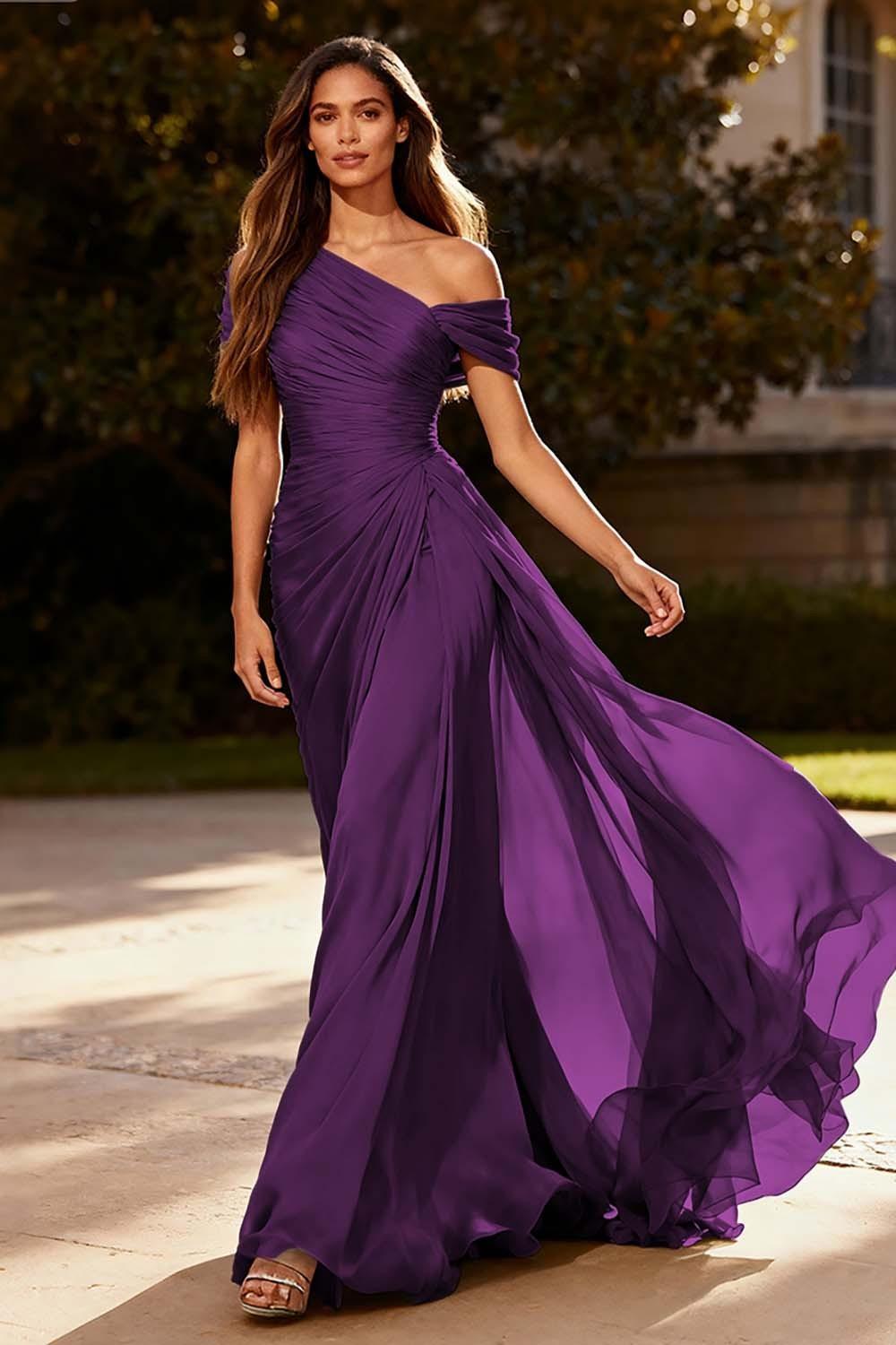 Dressystars Dusty Sage One Shoulder Chiffon Ruched Long Prom Dress With Side Cape