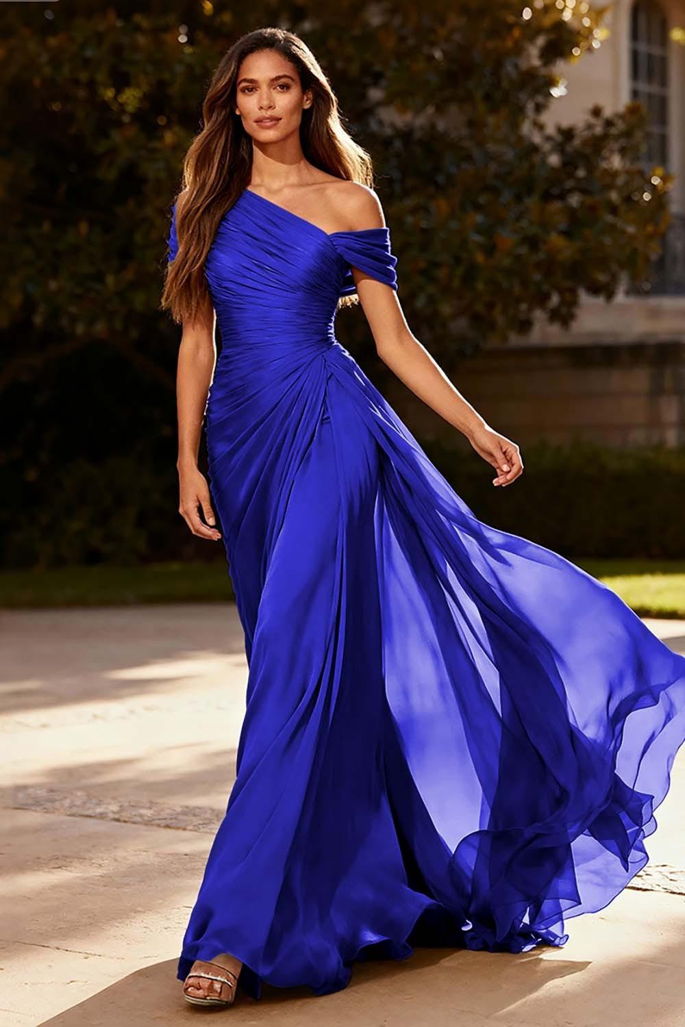 Dressystars Dusty Sage One Shoulder Chiffon Ruched Long Prom Dress With Side Cape