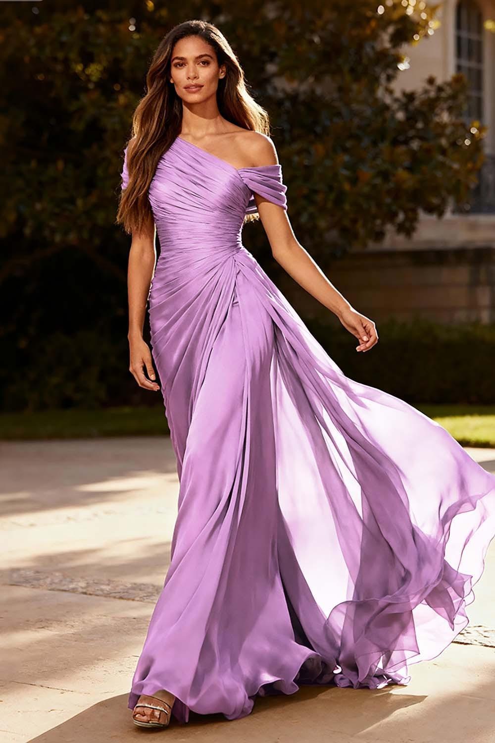 Dressystars Dusty Sage One Shoulder Chiffon Ruched Long Prom Dress With Side Cape
