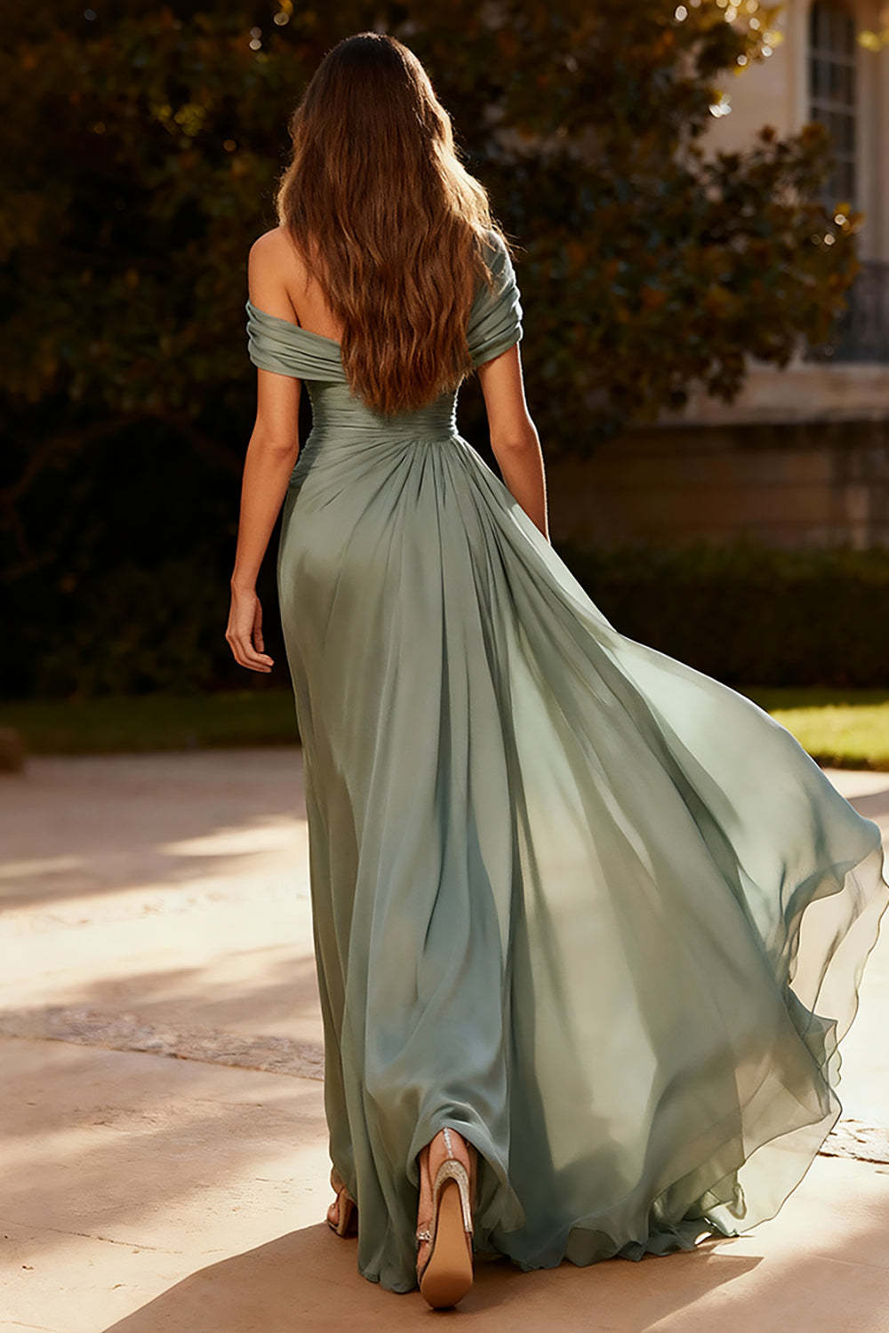 Dressystars Dusty Sage One Shoulder Chiffon Ruched Long Prom Dress With Side Cape