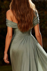 Dressystars Dusty Sage One Shoulder Chiffon Ruched Long Prom Dress With Side Cape
