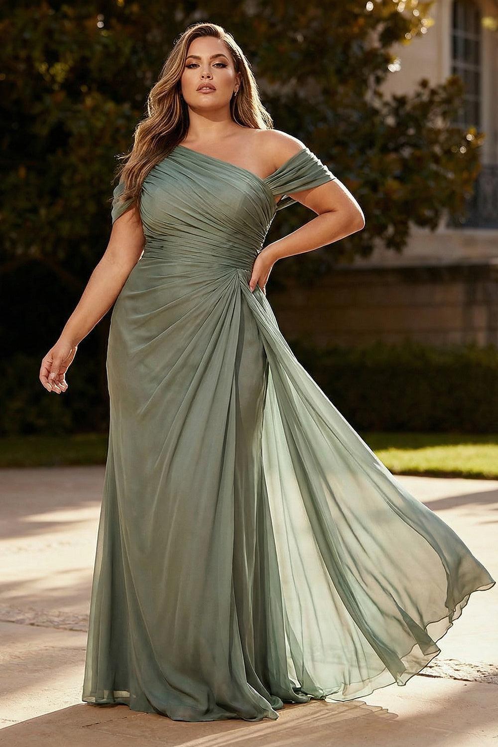 Dressystars Dusty Sage One Shoulder Chiffon Ruched Long Prom Dress With Side Cape