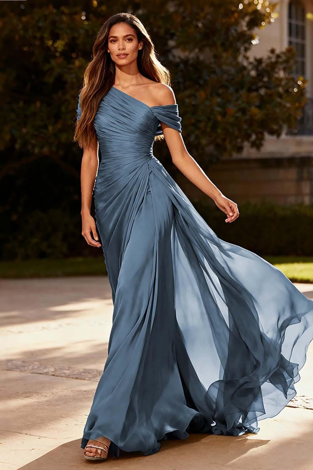Dressystars Dusty Sage One Shoulder Chiffon Ruched Long Prom Dress With Side Cape