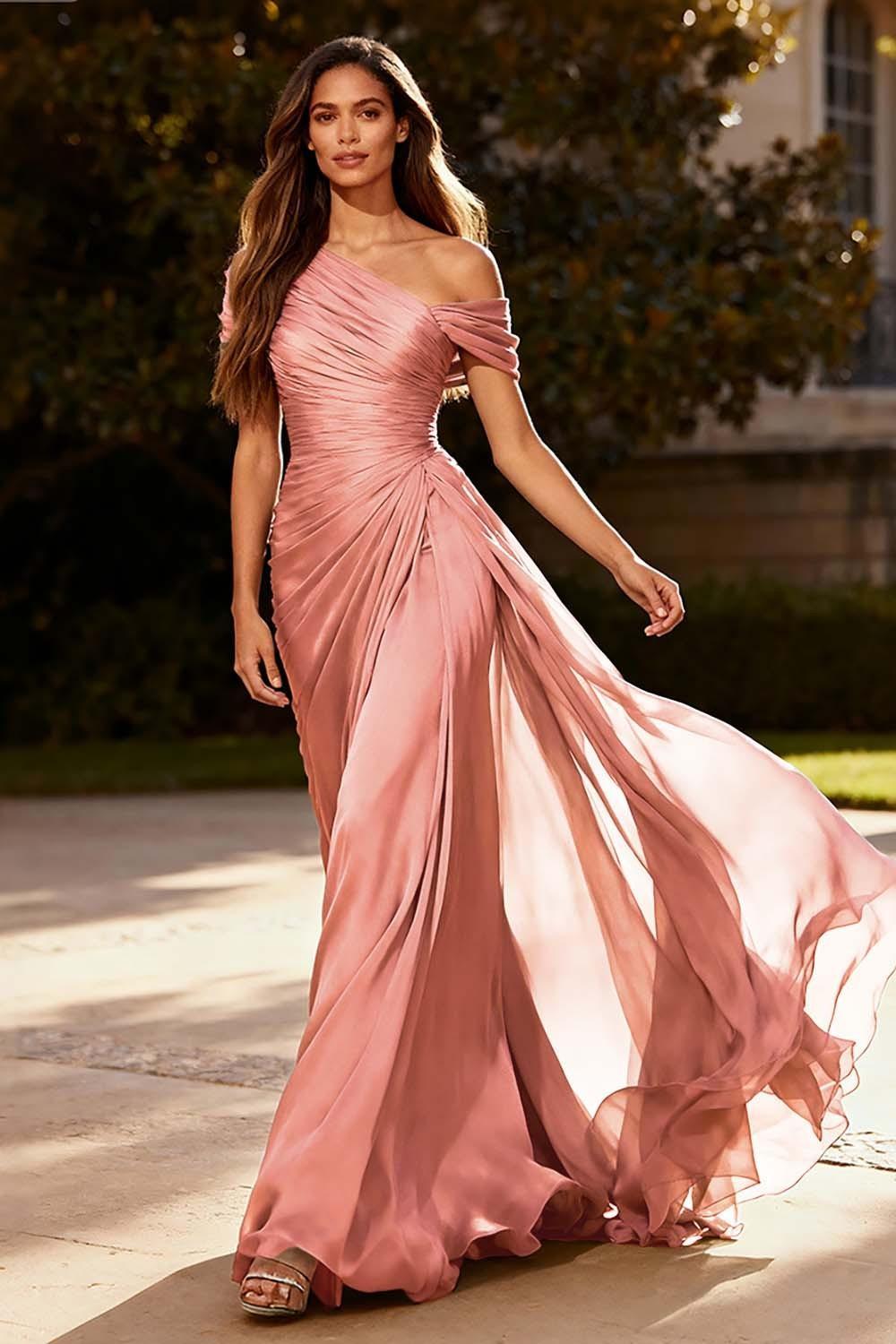 Dressystars Dusty Sage One Shoulder Chiffon Ruched Long Prom Dress With Side Cape