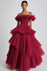 Dusty Sage Formal Dress Tulle Off The Shoulder Ball Gown Wedding Guest Dress With Ruffles