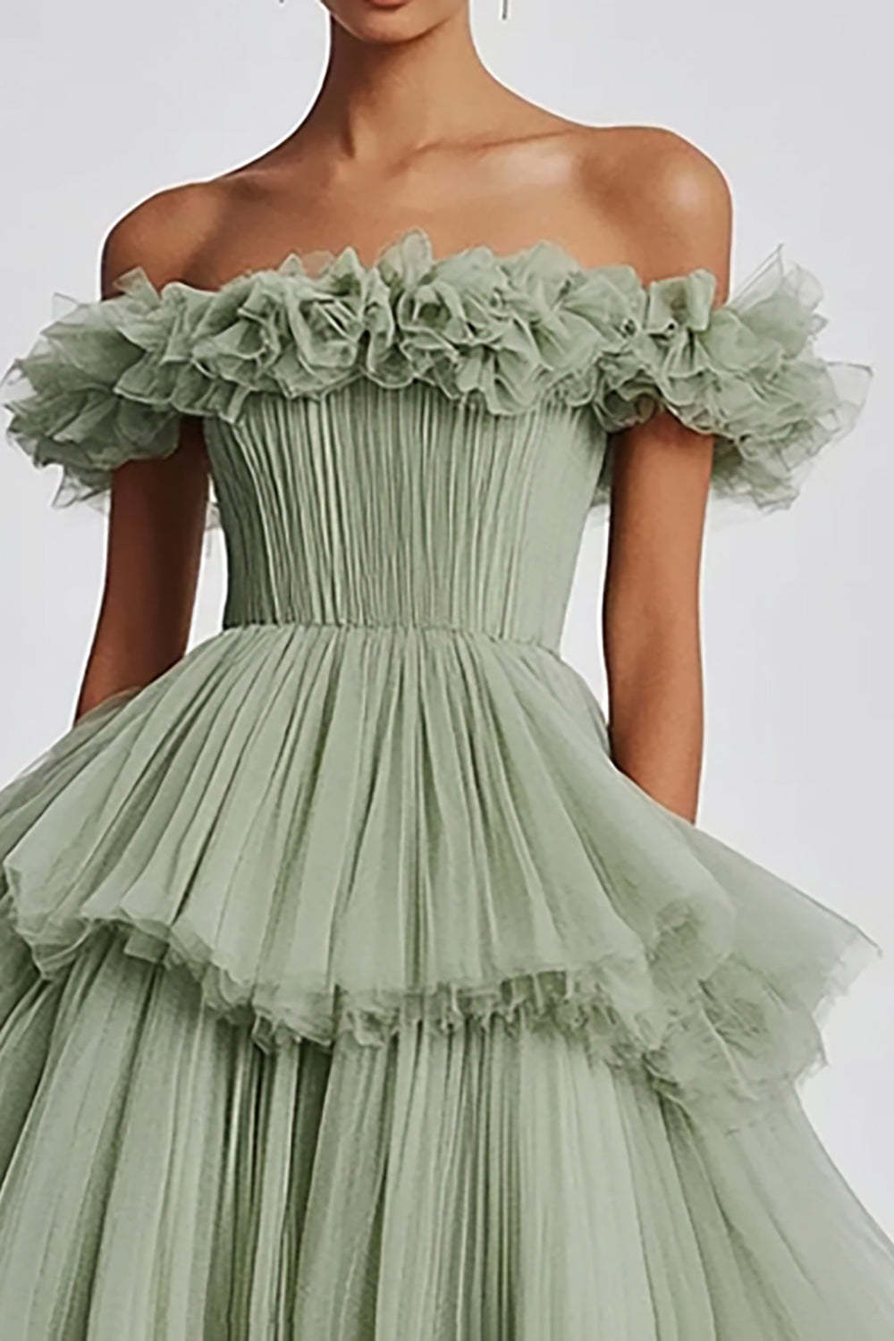 Dusty Sage Prom Dress Tulle Off The Shoulder Ball Gown Formal Dress With Ruffles