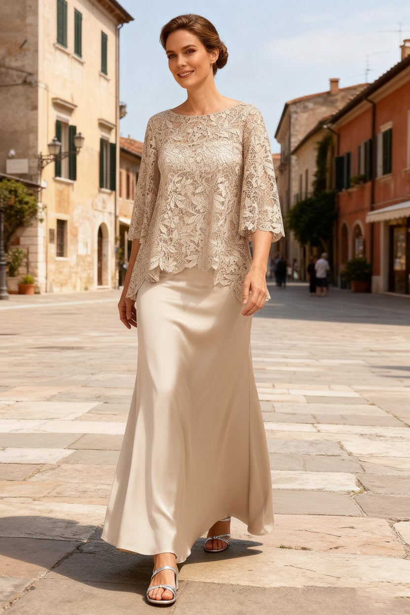 Dusty Sage Satin Bateau Neck Ankle Length Mother Of The Bride Dress With Sleeves
