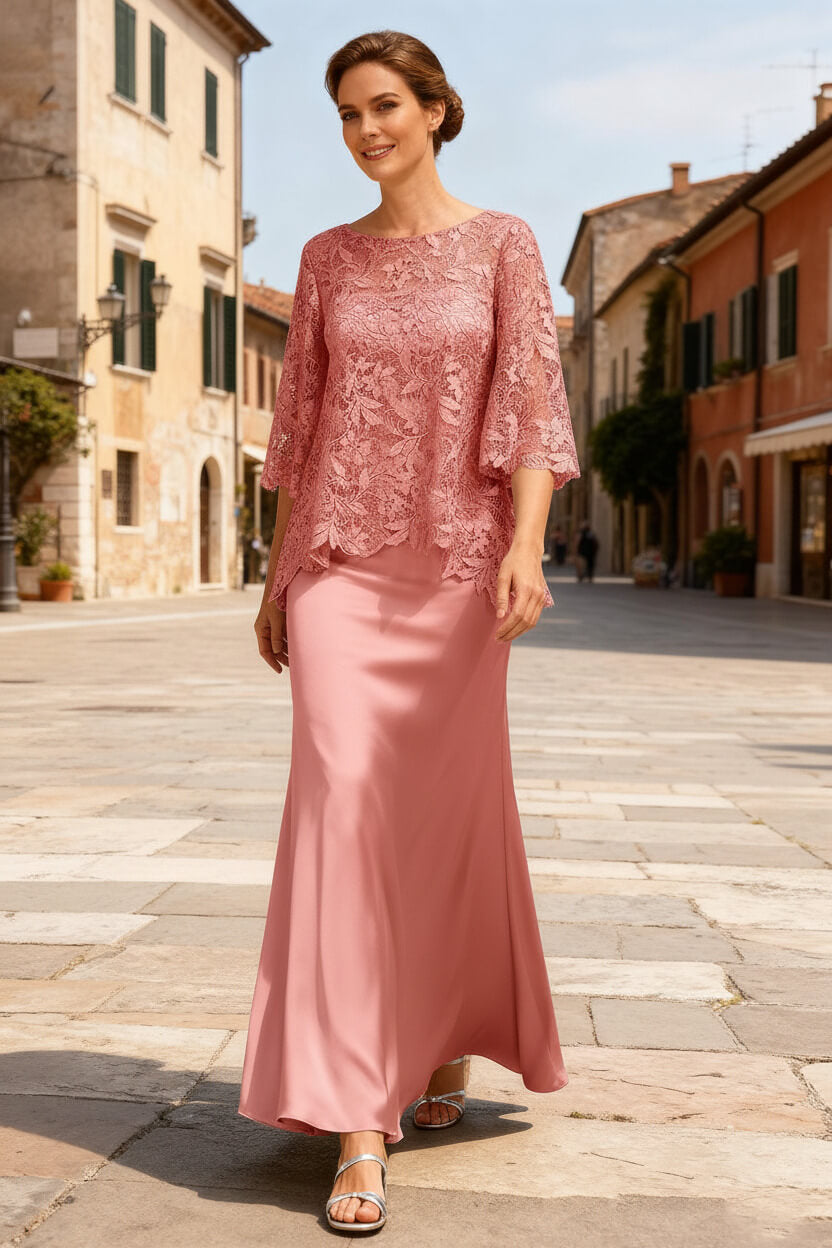 Dusty Sage Satin Bateau Neck Ankle Length Mother Of The Bride Dress With Sleeves