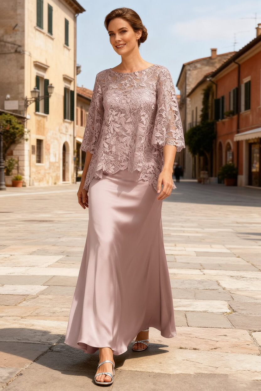Dusty Sage Satin Bateau Neck Ankle Length Mother Of The Bride Dress With Sleeves