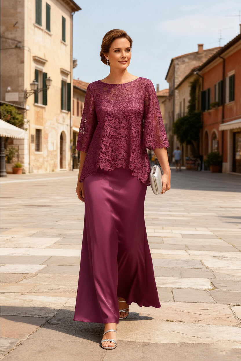 Dusty Sage Satin Bateau Neck Ankle Length Mother Of The Bride Dress With Sleeves
