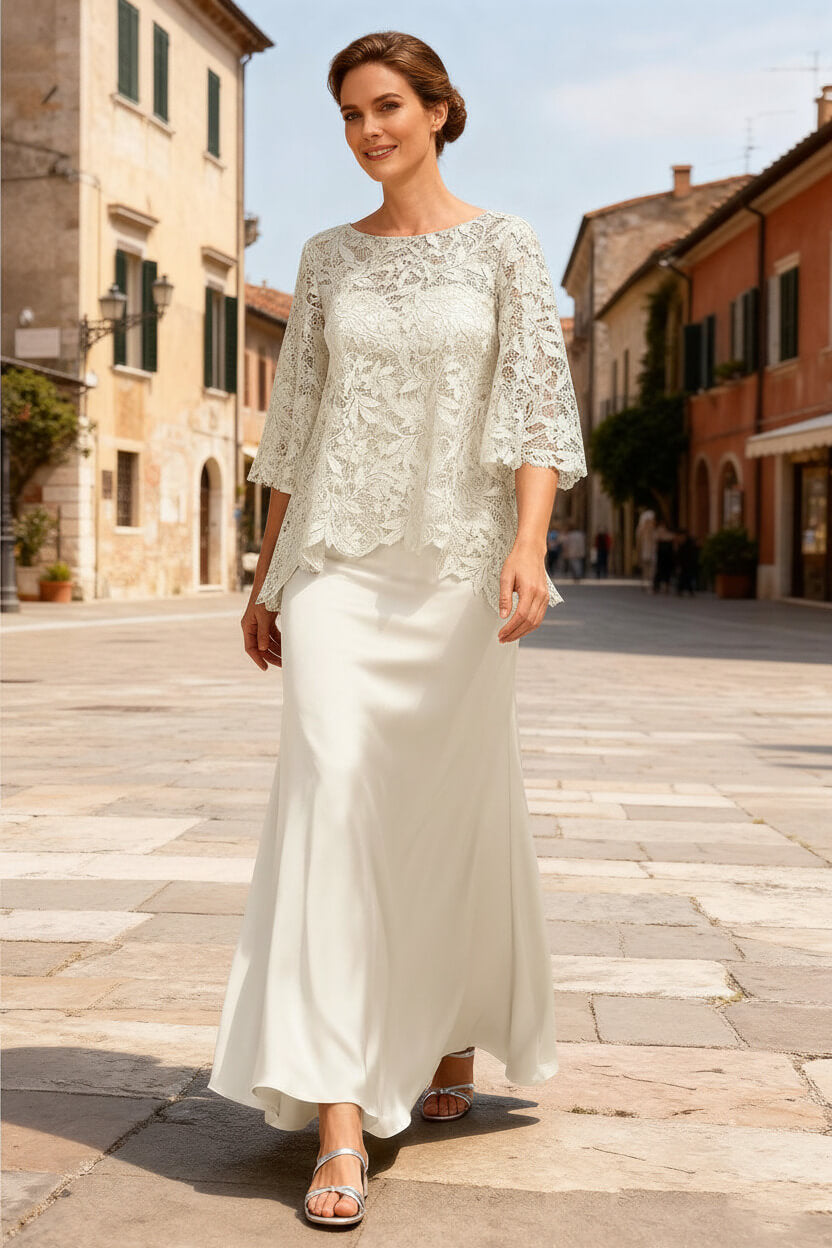 Dusty Sage Satin Bateau Neck Ankle Length Mother Of The Bride Dress With Sleeves