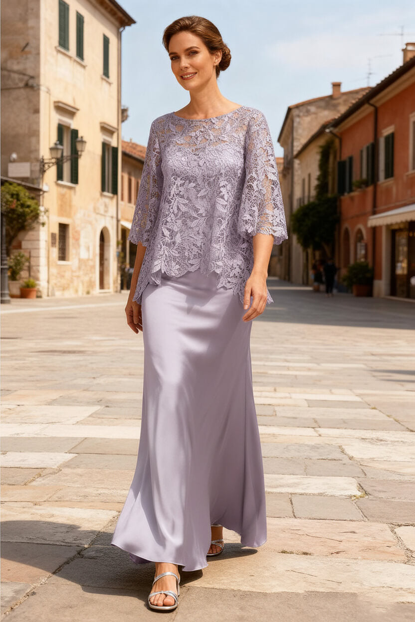 Dusty Sage Satin Bateau Neck Ankle Length Mother Of The Bride Dress With Sleeves