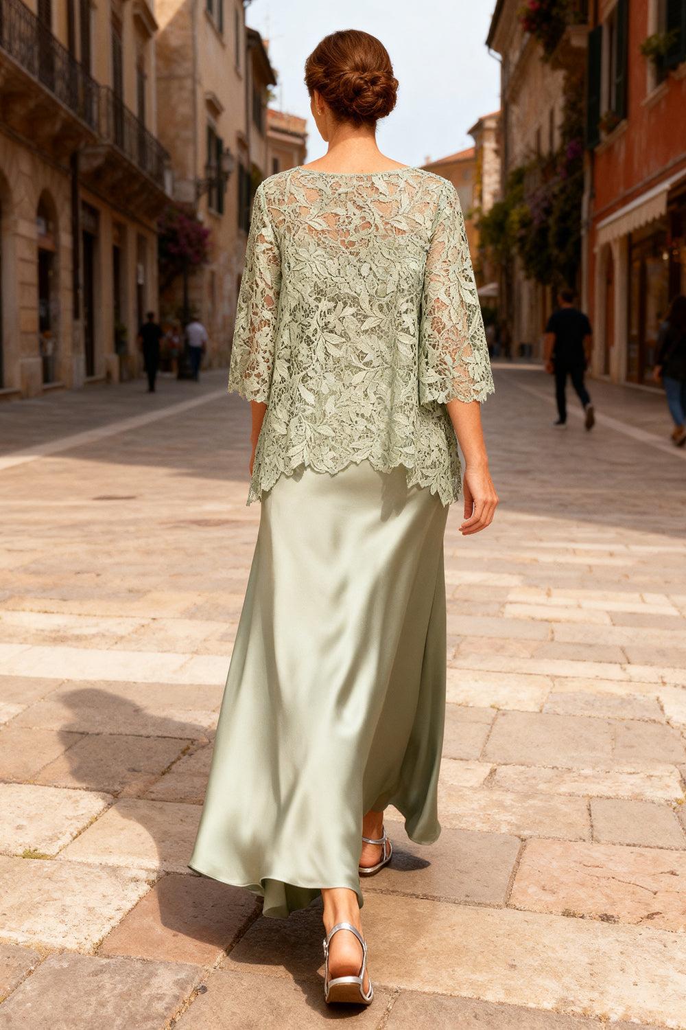Dusty Sage Satin Bateau Neck Ankle Length Mother Of The Bride Dress With Sleeves