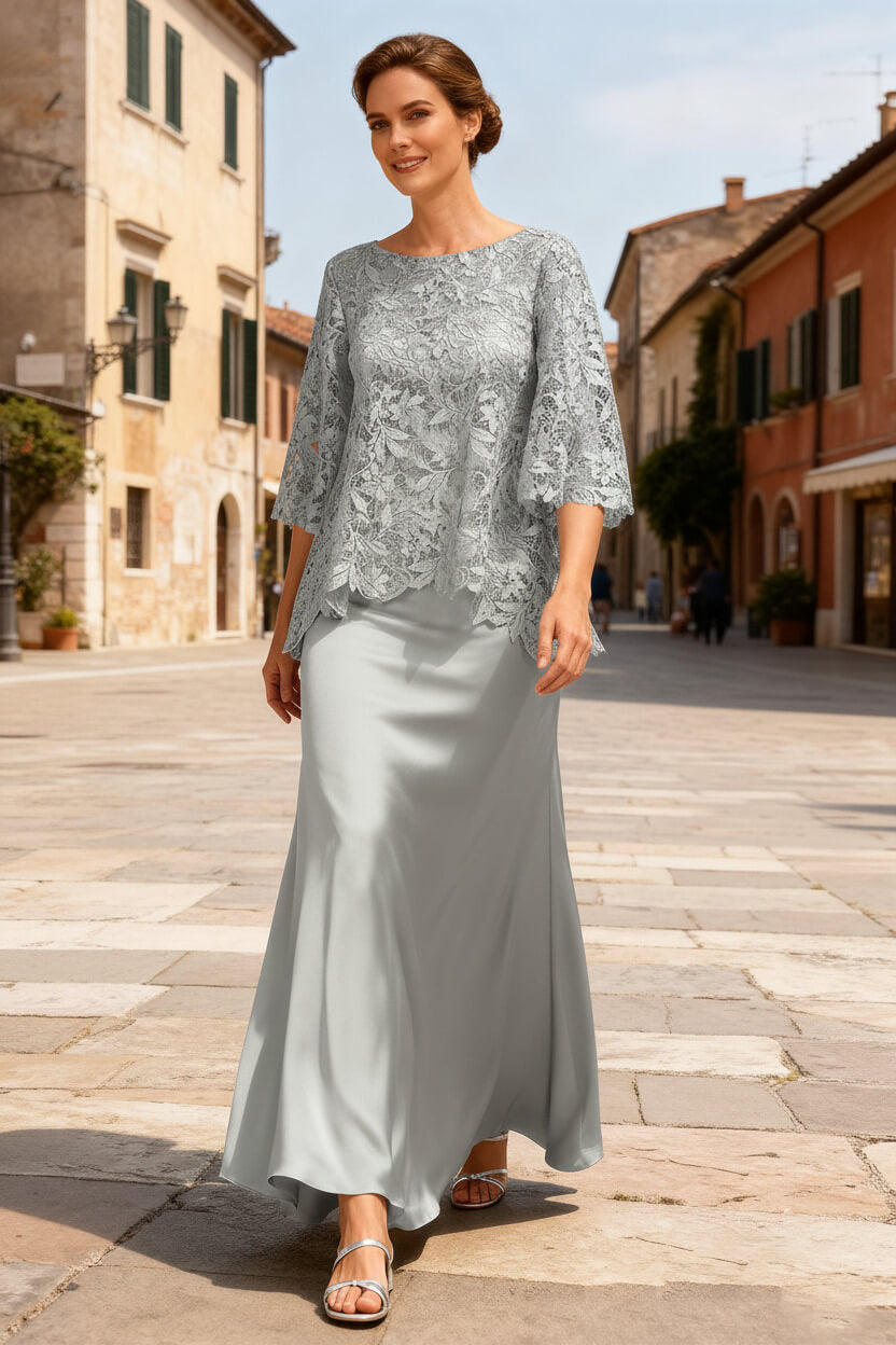 Dusty Sage Satin Bateau Neck Ankle Length Mother Of The Bride Dress With Sleeves