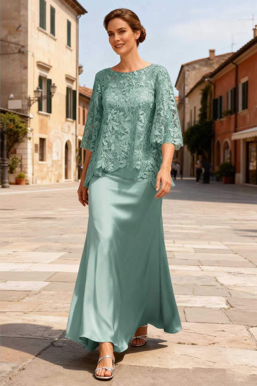 Dusty Sage Satin Bateau Neck Ankle Length Mother Of The Bride Dress With Sleeves