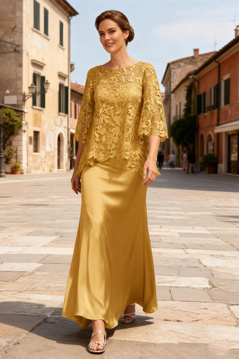 Dusty Sage Satin Bateau Neck Ankle Length Mother Of The Bride Dress With Sleeves