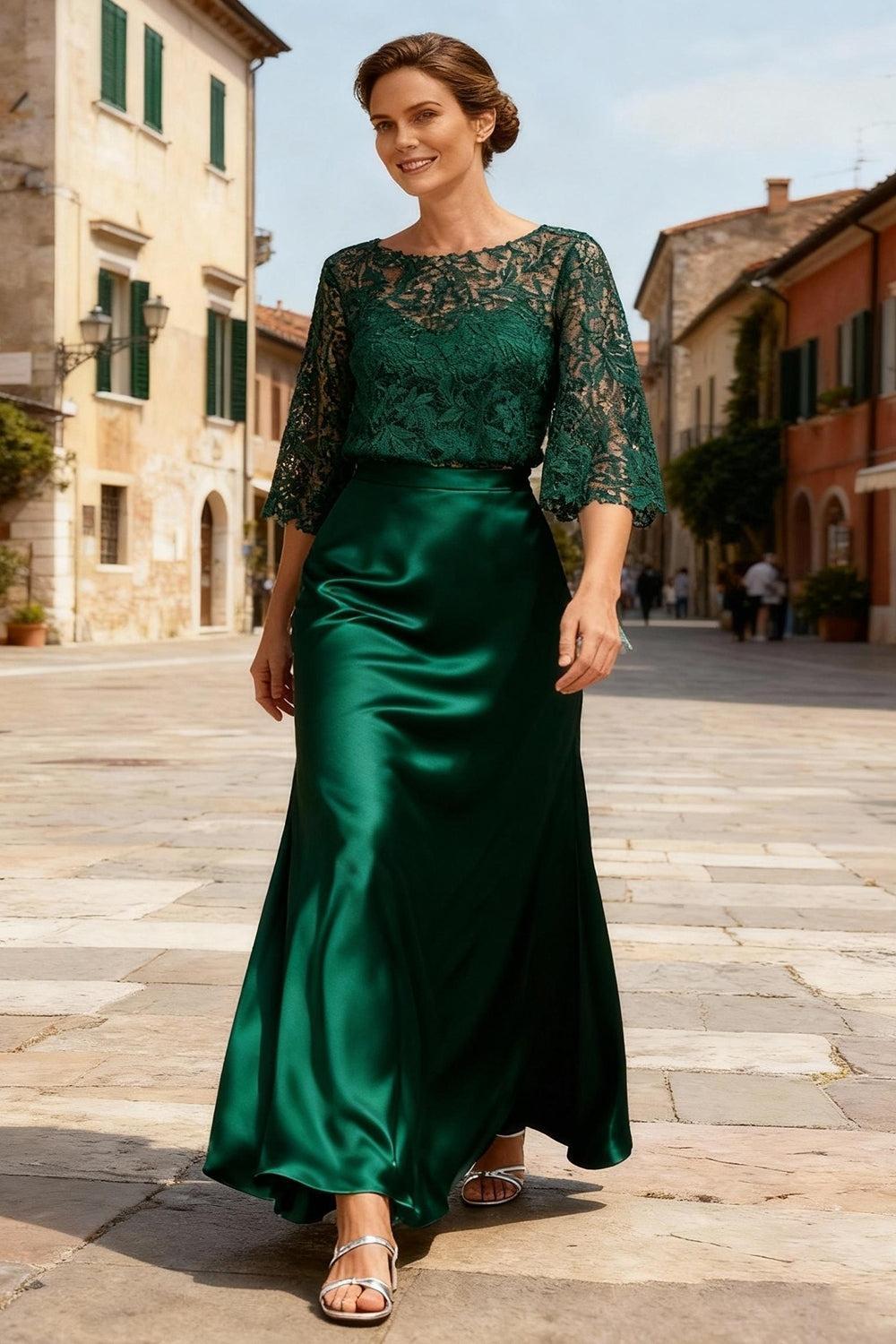 Dusty Sage Satin Bateau Neck Ankle Length Mother Of The Bride Dress With Sleeves