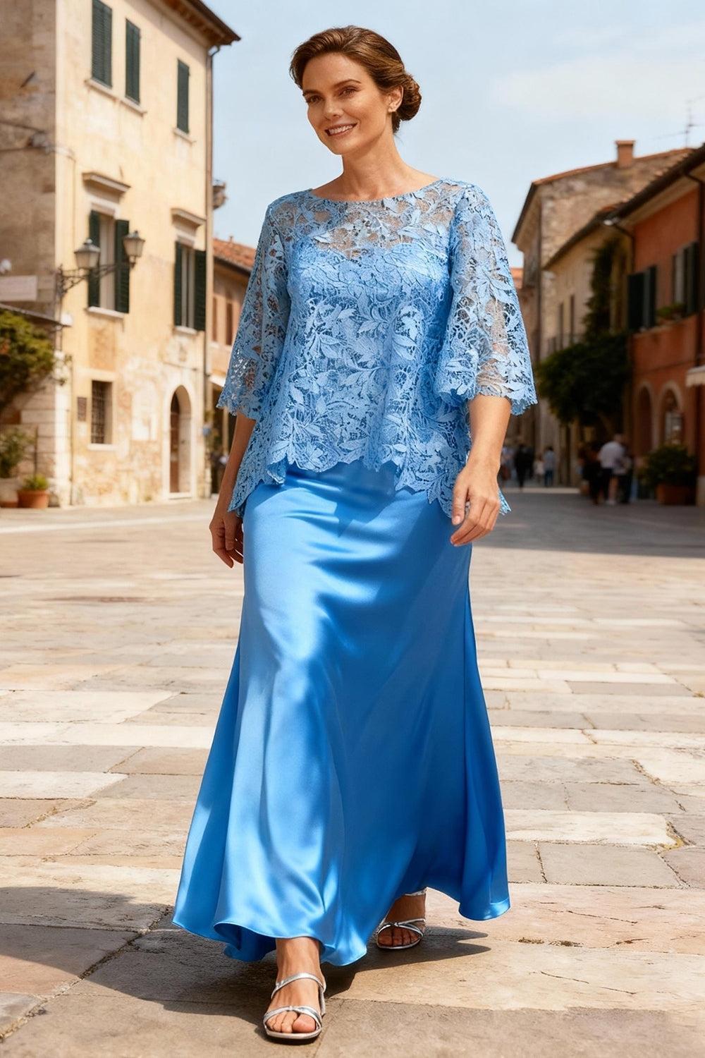 Dusty Sage Satin Bateau Neck Ankle Length Mother Of The Bride Dress With Sleeves