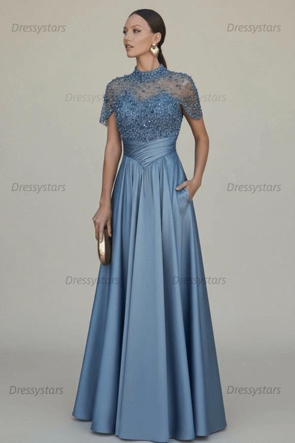 Green A Line Prom Dress Short Sleeve High Neck Formal Dress With Beadings and Rhinestones