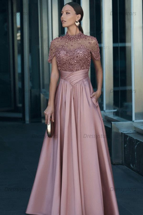 Green A Line Prom Dress Short Sleeve High Neck Formal Dress With Beadings and Rhinestones