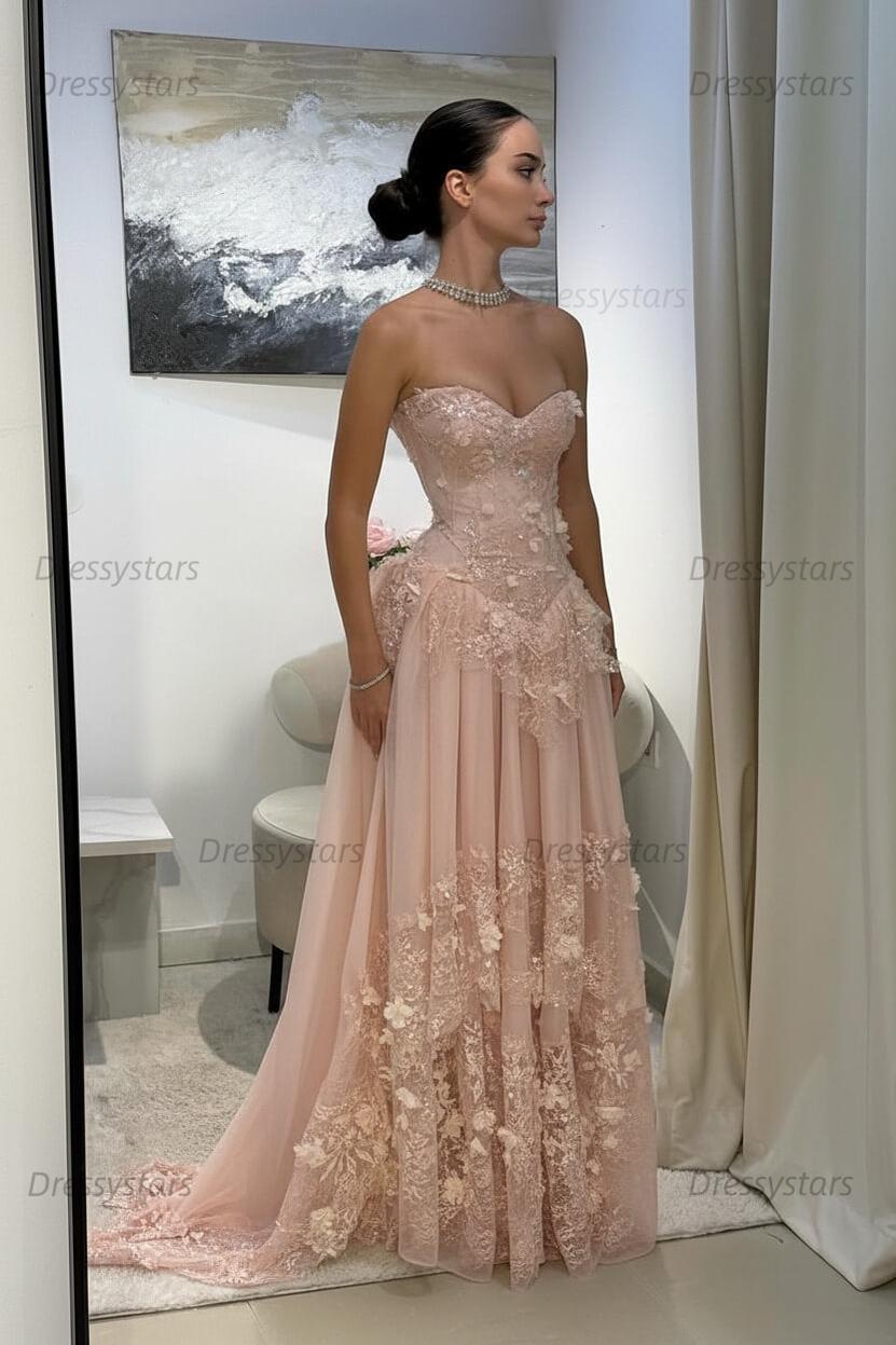 Yellow Lace A Line Prom Dress Sweetheart Lace Appliqued Formal Dress with 3D Flowers