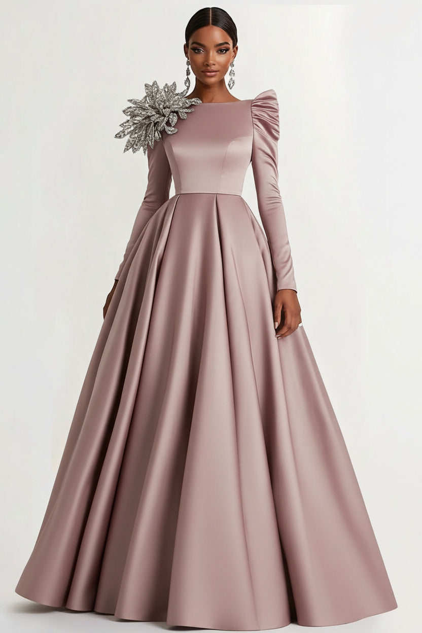 Dressystars A-Line Long Black Wedding Guest Dress Satin Boat Neck Formal Dress With Long Sleeves